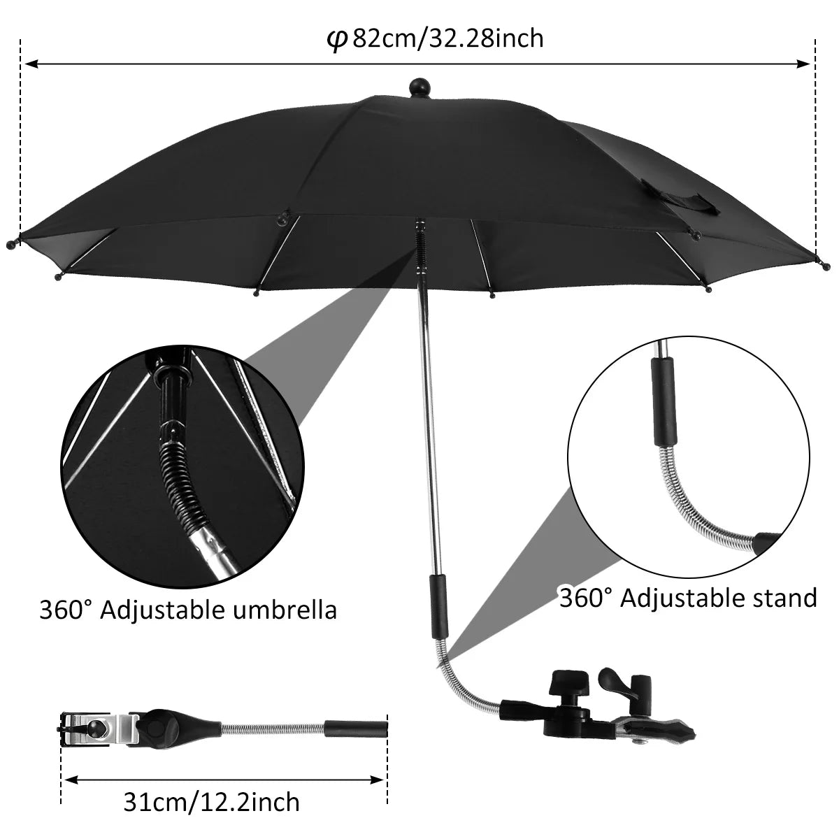 Beach Umbrella Adjustable Shade Umbrella Outdoor with Large Opening Clip Portable Umbrella Beach Camping Chair Wheelchair
