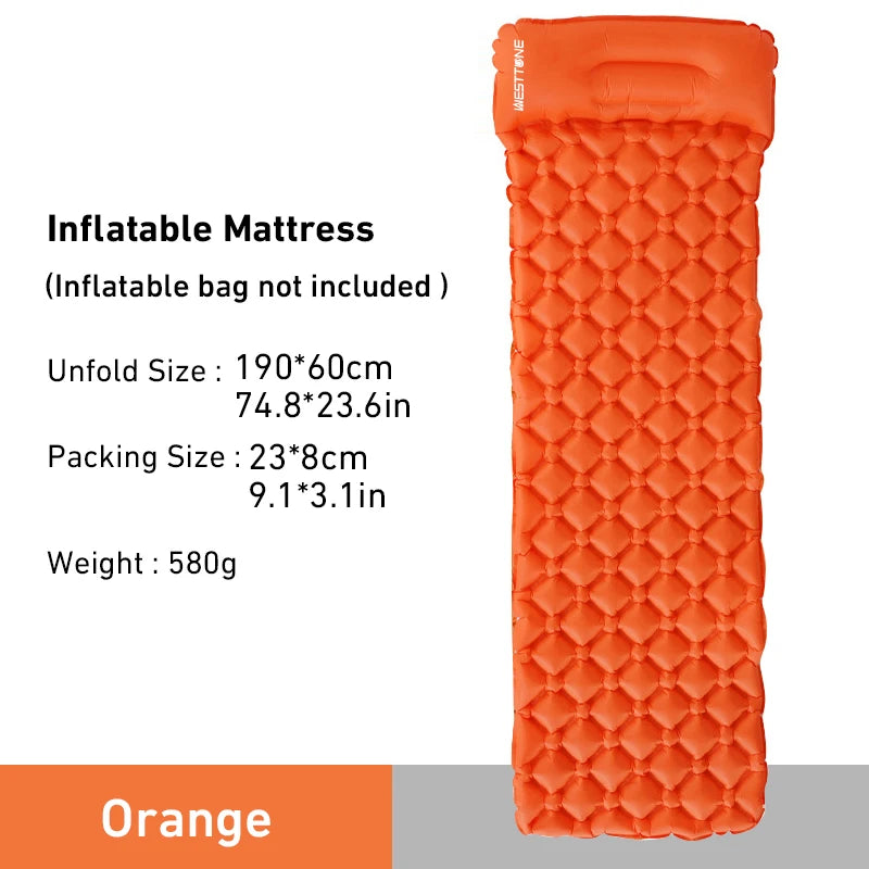 WESTTUNE Camping Inflating Sleeping Mattress Folding Outdoor Sleeping Pad Inflatable Mattress with Pillow Ultralight Travel Bed