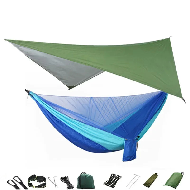 Camping Hammock with Mosquito Net and Rain Fly Tarp,Portable Parachute Tree Hammock Nylon Swing Hammocks Sun Shelter Rain Fly