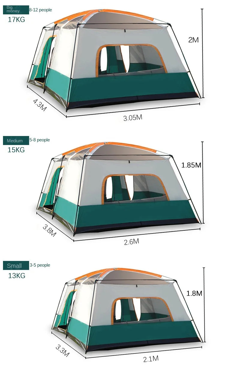 Portable Thickened Camping Tent for Family, Outdoor Large Tent, Rainproof and Waterproof, Camping Supplies, One Hall, 3-12P