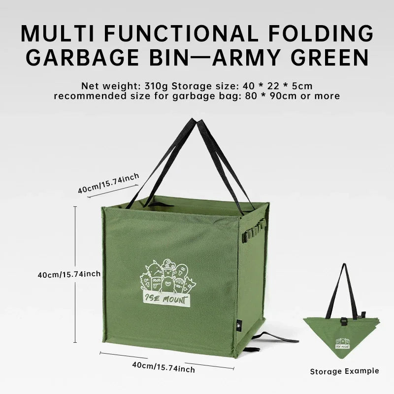 Foldable Camping Storage Bag, Heavy-Duty Canvas Trash Holder with Ground Pegs & Side Hooks, Portable Picnic Gear Organizer