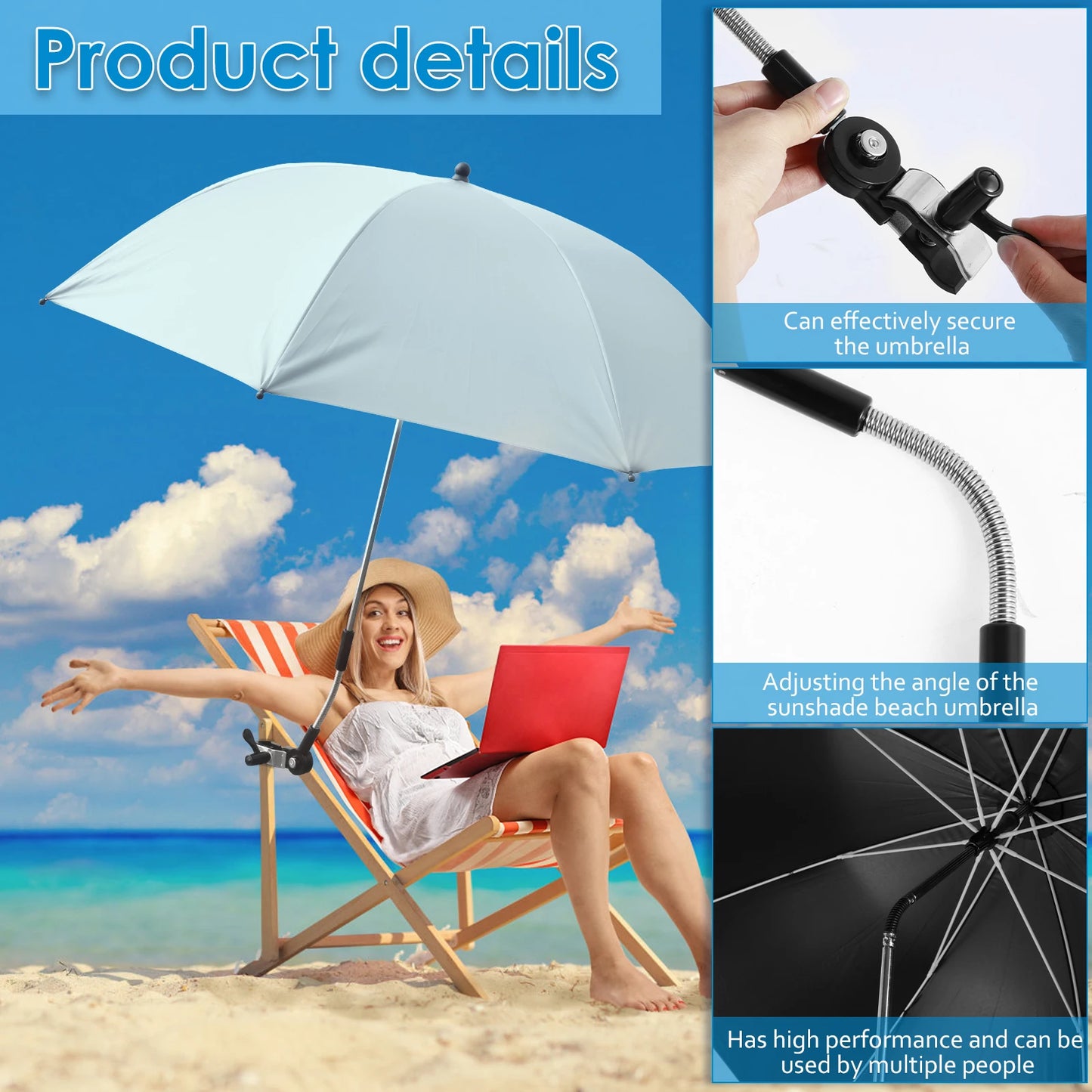 Beach Umbrella Adjustable Shade Umbrella Outdoor with Large Opening Clip Portable Umbrella Beach Camping Chair Wheelchair