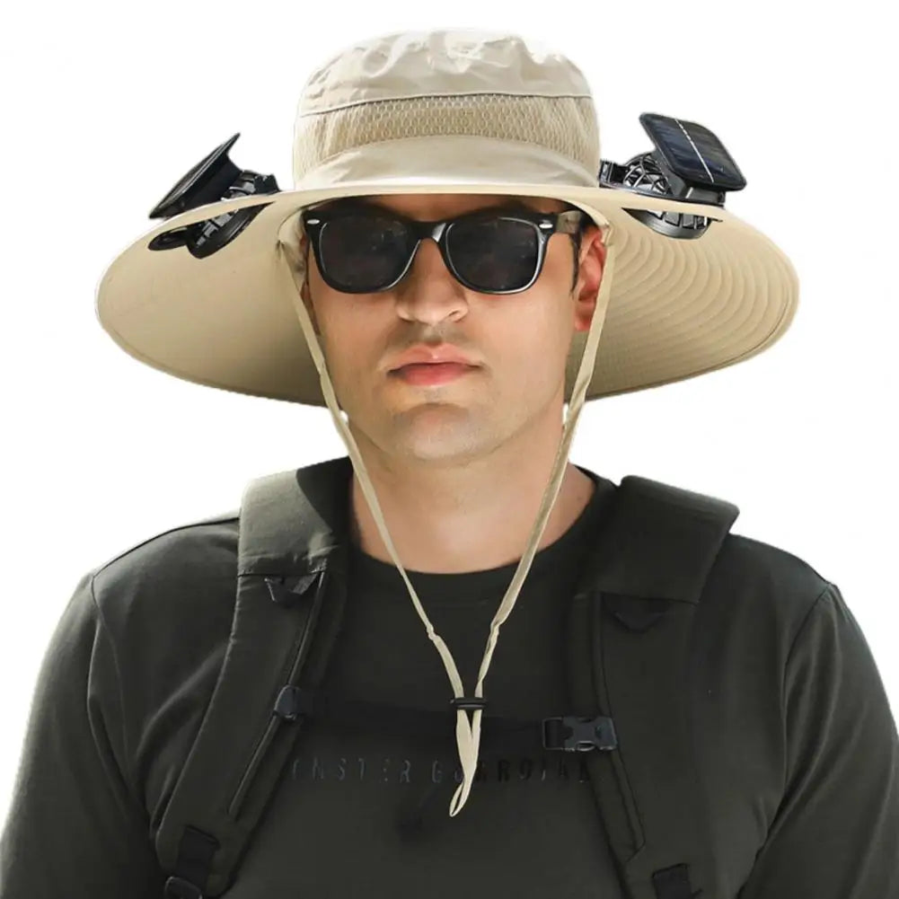 Solar Powered Cooling Hat Men Fisherman Hat Large Brim Windproof Strap USB Rechargeable Fan Hat Outdoor Fishing Camping Cap