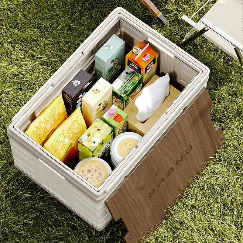 Camping Folding Box Outdoor Car Trunk Wooden Cover Camping Picnic Organizer Box Household Storage Storage Box with Wheels