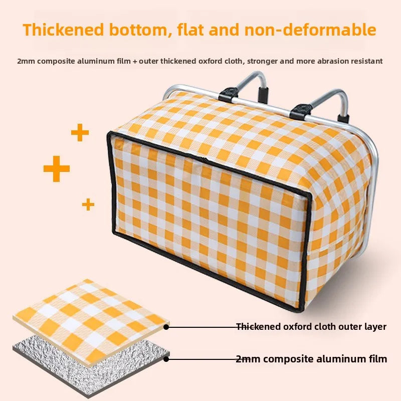 Folding picnic basket, large capacity outdoor camping insulation bag, hand-held aluminum foil thickened fabric car picnic bag