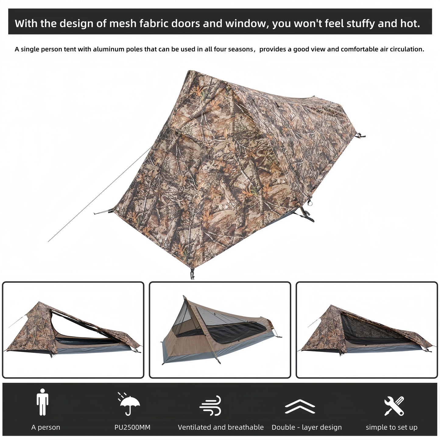 A single-person camouflage tent suitable for outdoor camping is a double-layer waterproof pyramid tent