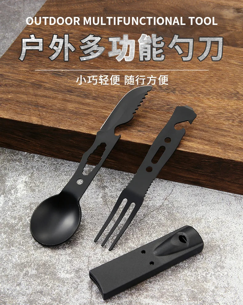 Outdoor Set Multi functional Camping Knives Camping Tableware Outdoor Wind Combination Stainless Steel with Whistle Spoon Fork