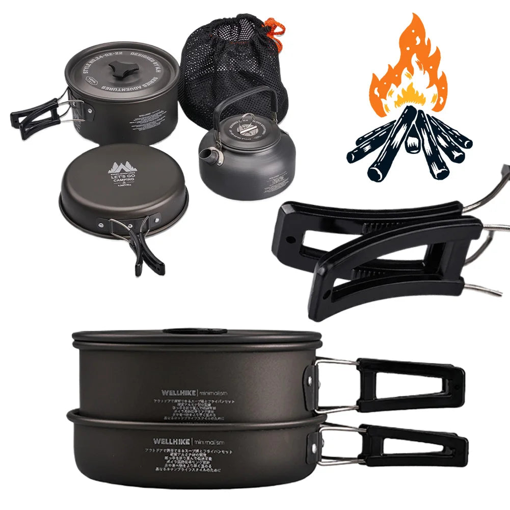 3Pcs/Set Camping Cookware Set with Water Kettle Portable Cookware Kit Tableware Pot Pan Set for Outdoor Fishing Camping