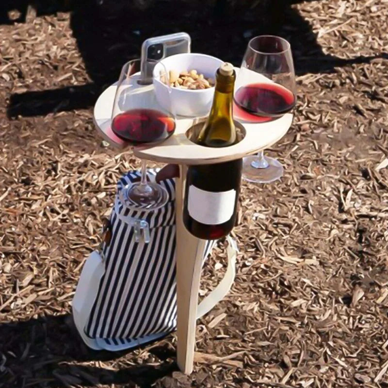 1PC Outdoor Wine Table with Foldable Round Desktop Mini Wooden Picnic Table Picnic Camping Wine Table Goblet Holder Wine Rack