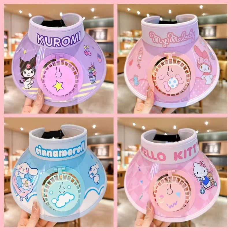 Sanrio Kids Cooling Hat With USB Fan Sun Protection Summer Outdoor Adjustable Sun Visor For Boys Girls Cute Cartoon Beach Cap