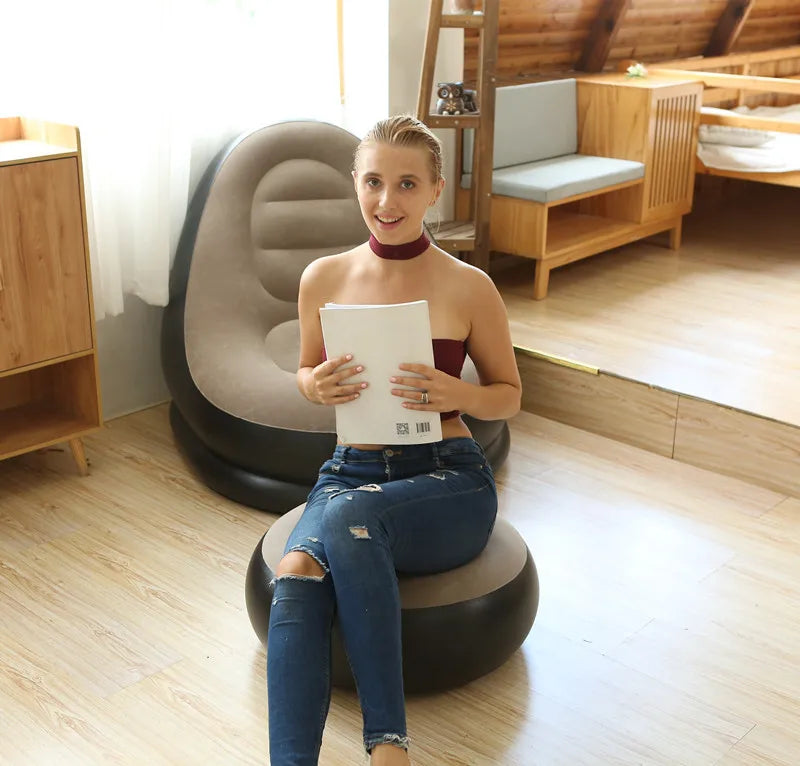 OTAUTAU Inflatable Lounger with Footstool Ottoman Chaise Lounge Recliner Outdoor Portable Camping Couch Garden Chair Pouf SF029