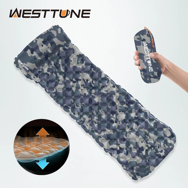 WESTTUNE Camping Inflating Sleeping Mattress Folding Outdoor Sleeping Pad Inflatable Mattress with Pillow Ultralight Travel Bed