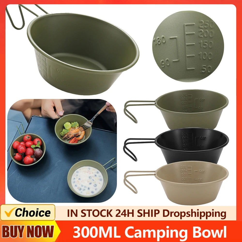 300ML Camping Bowl Stainless Steel Camping Sierra Cup with Folding Handle Ultralight Camping Tableware for Camping Backpacking