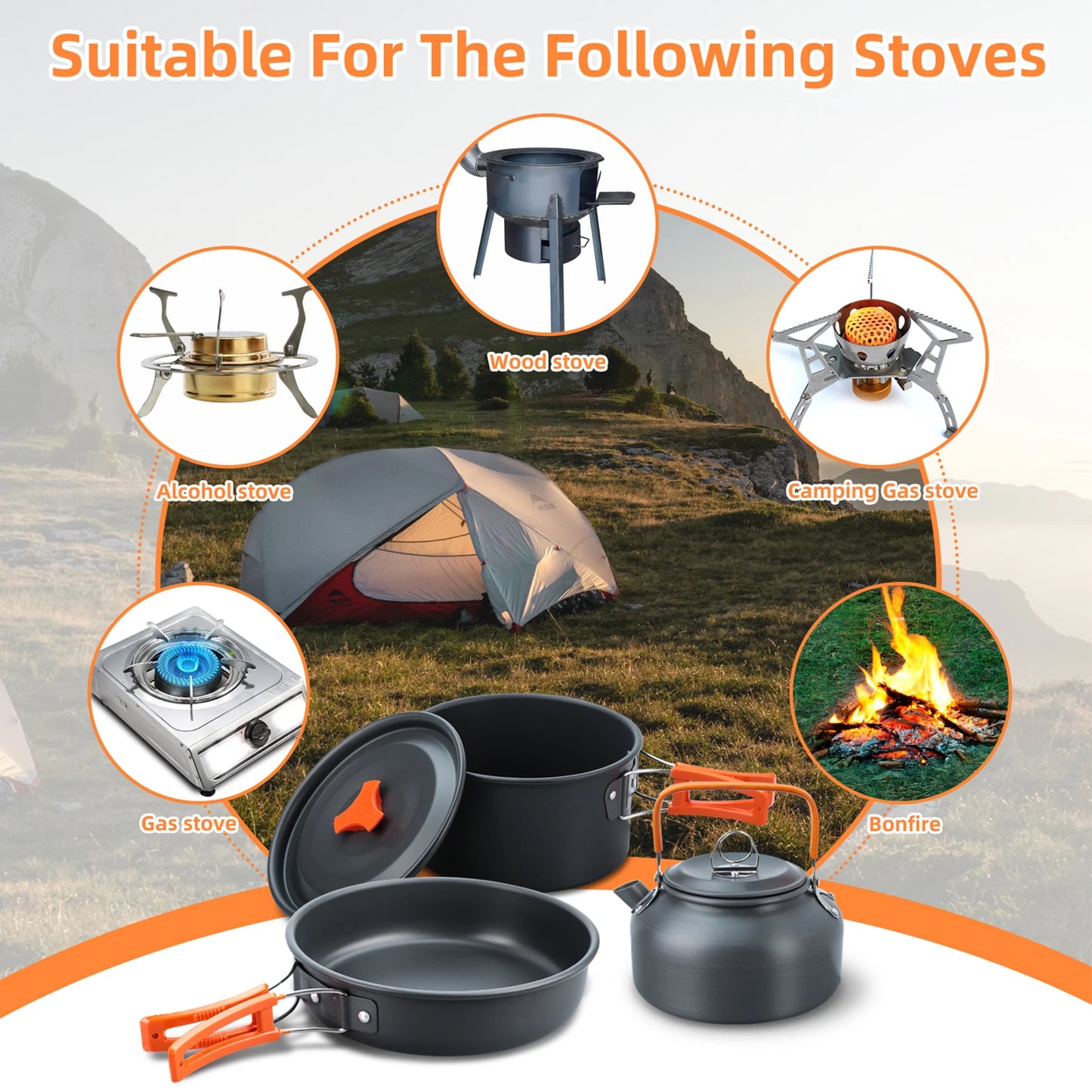 Outdoor Camping Cookware Set Portable Picnic Tableware Frying Pan Soup Pot Kettle Plate Knives Spoons Forks
