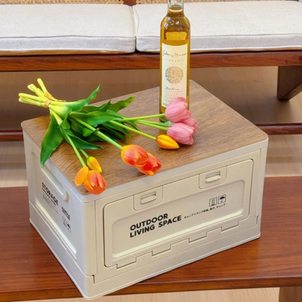 Storage Box, Outdoor Camping Foldable Storage Box with Wooden Lid Plastic Box