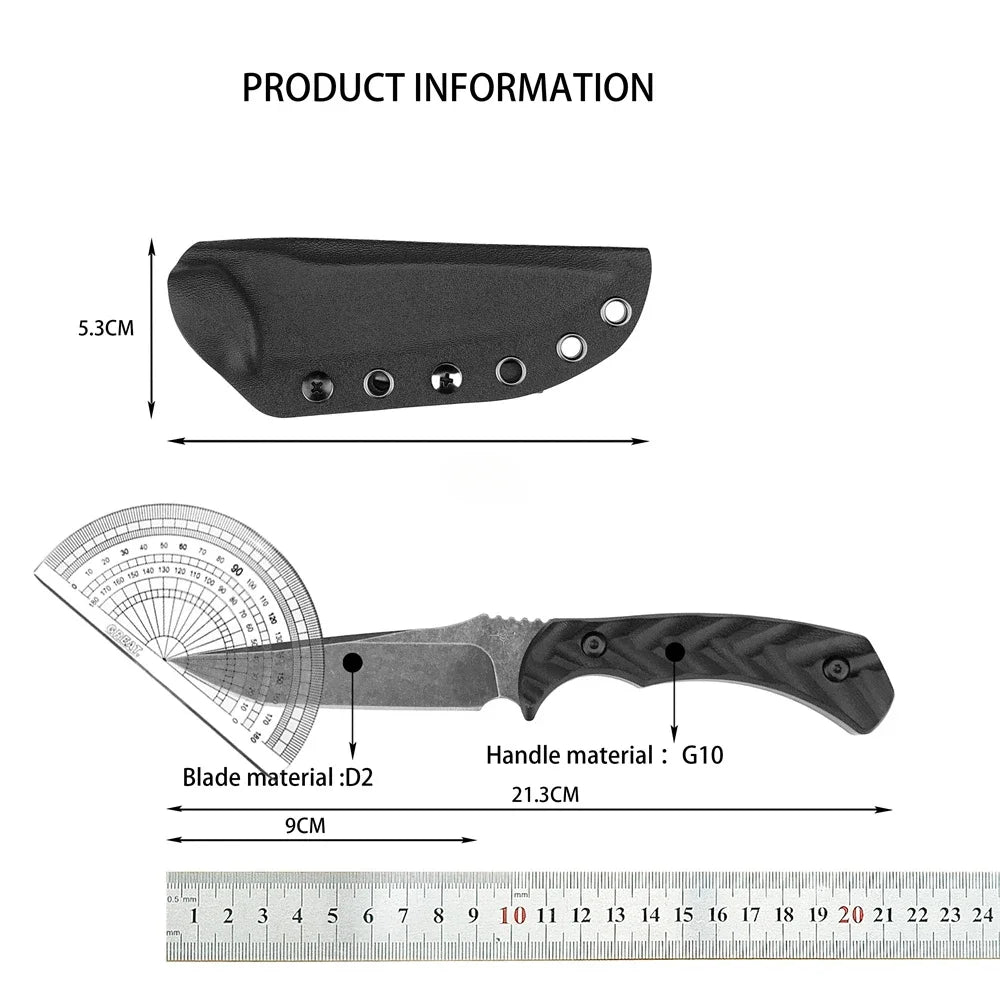 Tactical Fixed Blade Knife Wilderness Survival Knife Coated D2 Blade G10 Handle Utility Knife Camping Hunting  with Kydex Sheath