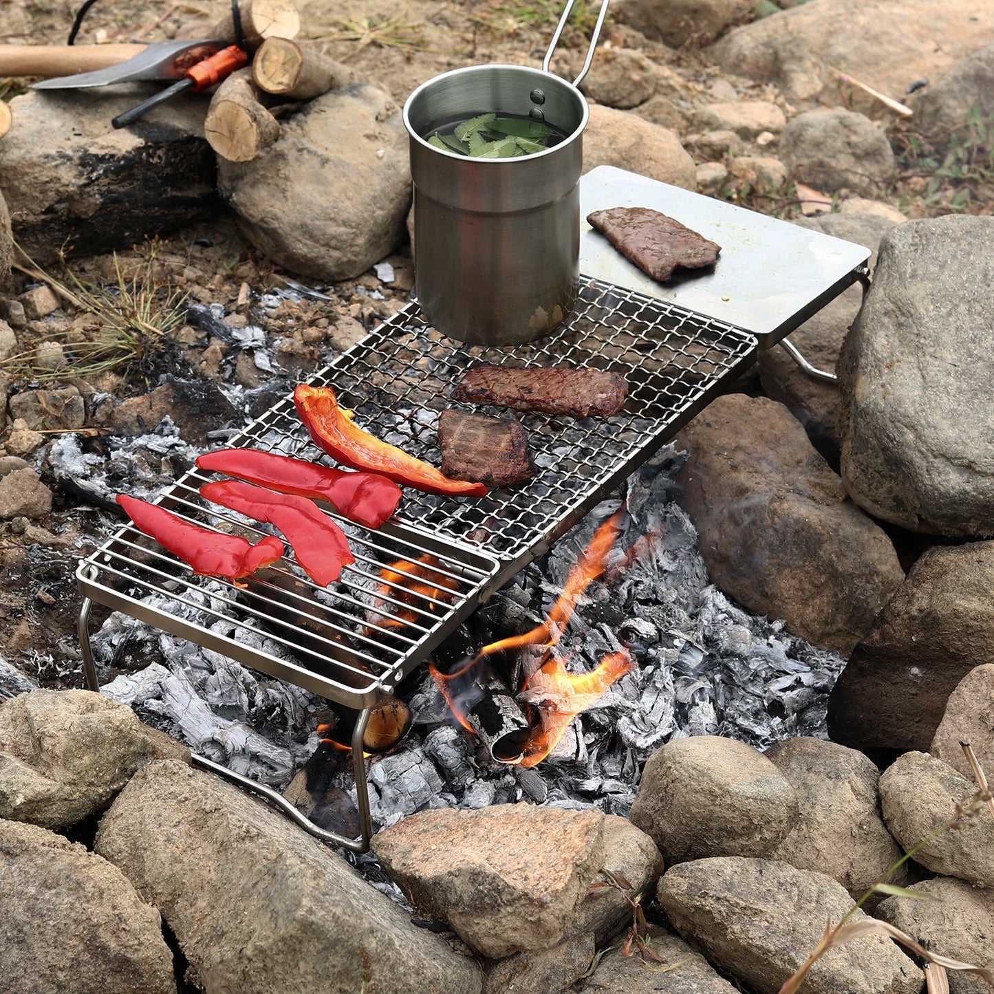 Folding Campfire Grill, Portable Camping Grill Grate, 304 Stainless Steel Camp Fire Cooking Racks for Compact Storage