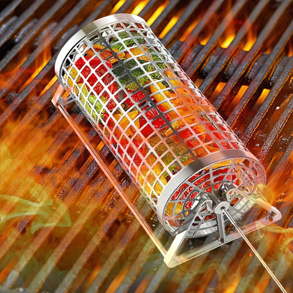 BBQ Basket Round Mesh Barbeque Rolling Grill Basket for Vegetables Fish Meat Outdoor Portable Grill Cage Kitchen Accessories