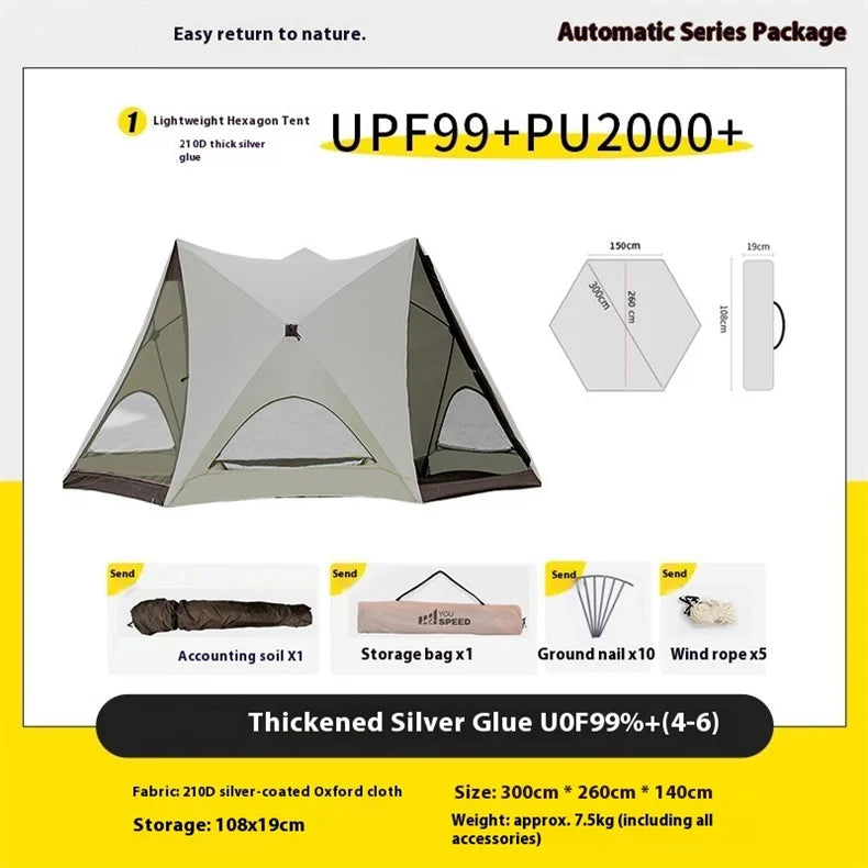 Lohascamping One-touch beach tent Awning tent Outdoor Automatic Quick-opening Tent Rainproof Hexagonal Camping Pop Up Tent Big