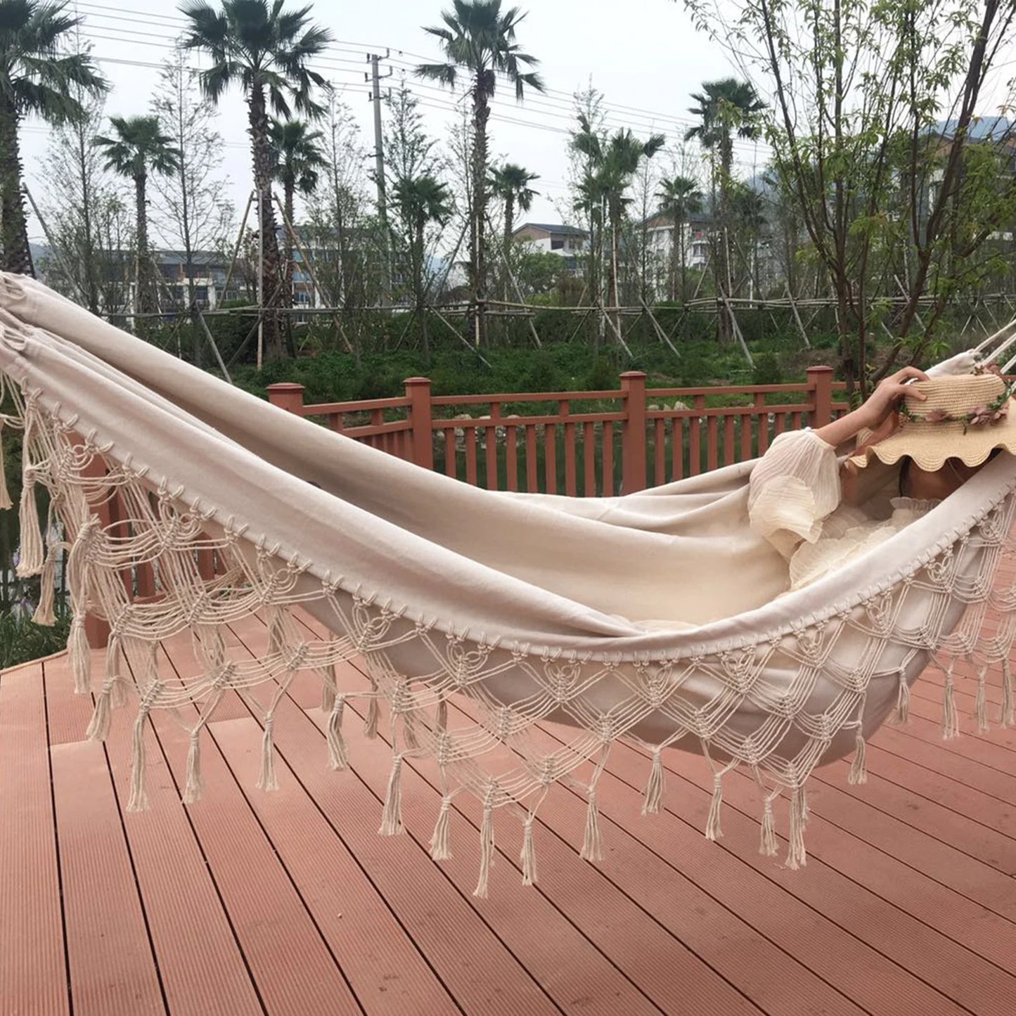 Macrame Fringe Hammock Boho Balcony Hammock Handmade Tassels Hammock 2 Person Double Hammock for Home Outdoor Backyard Beach