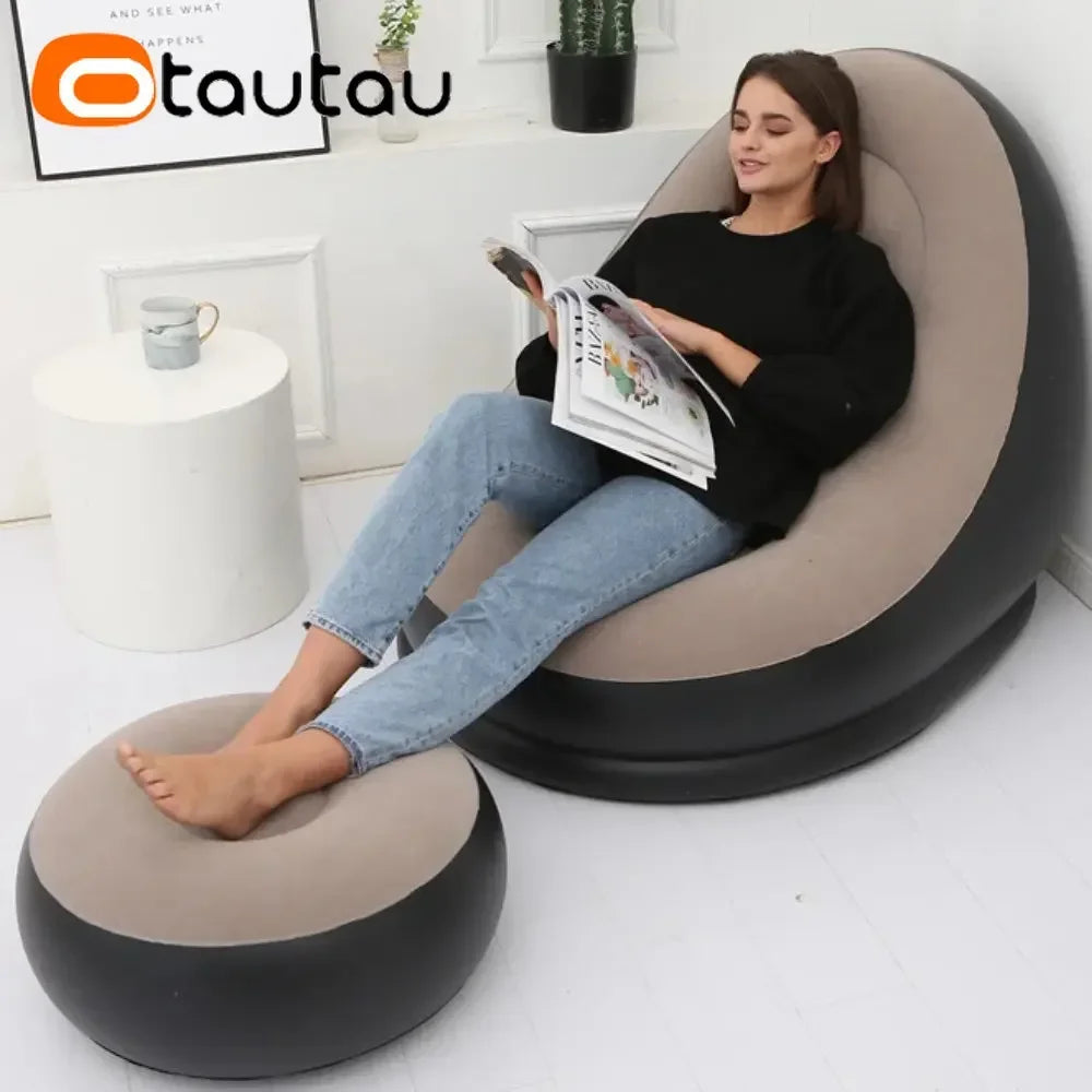 OTAUTAU Inflatable Lounger with Footstool Ottoman Chaise Lounge Recliner Outdoor Portable Camping Couch Garden Chair Pouf SF029