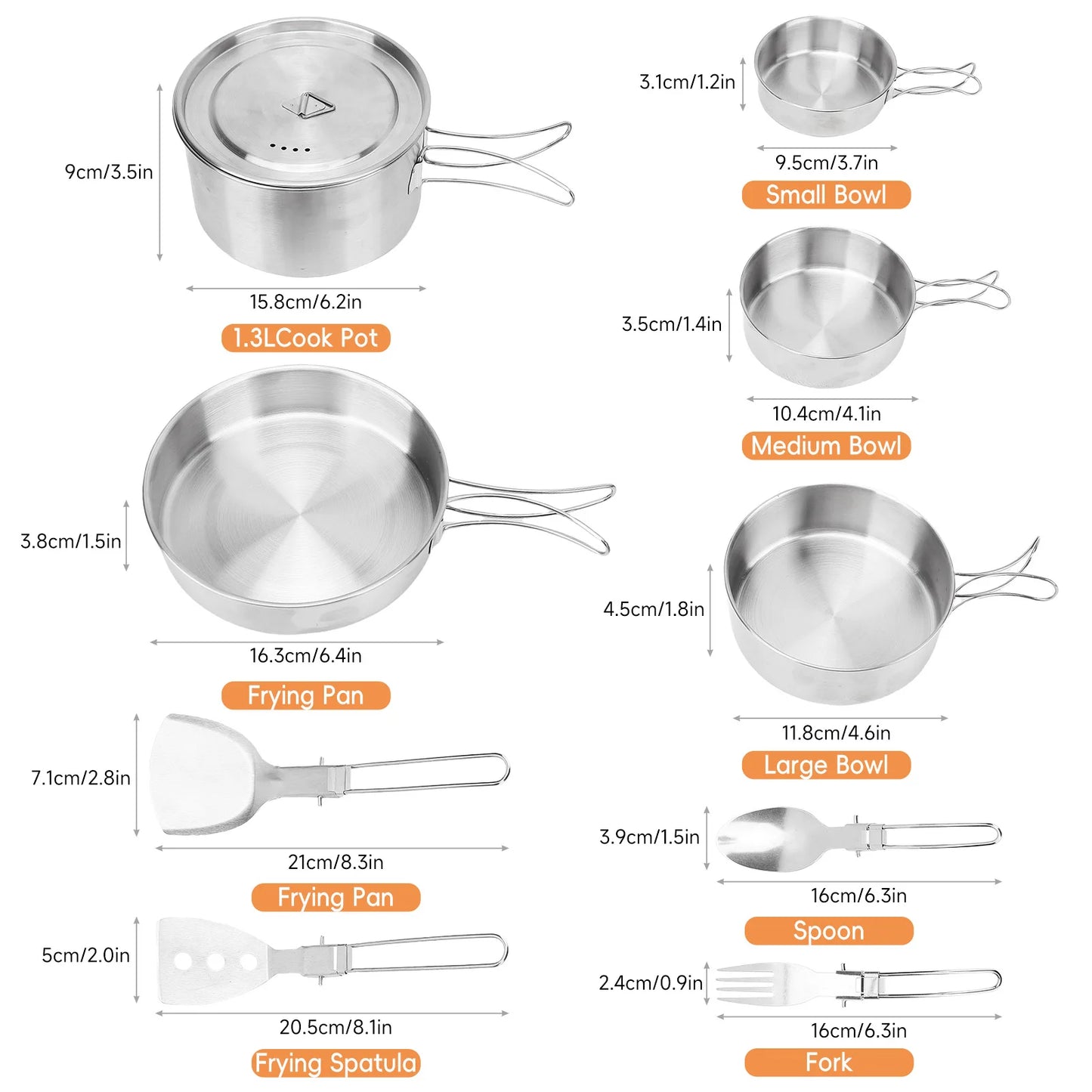 Camp Cookware Stainless Steel Camping Cookware Set Foldable Handle Portable Cookware Lightweight Cookware Set For 3 People