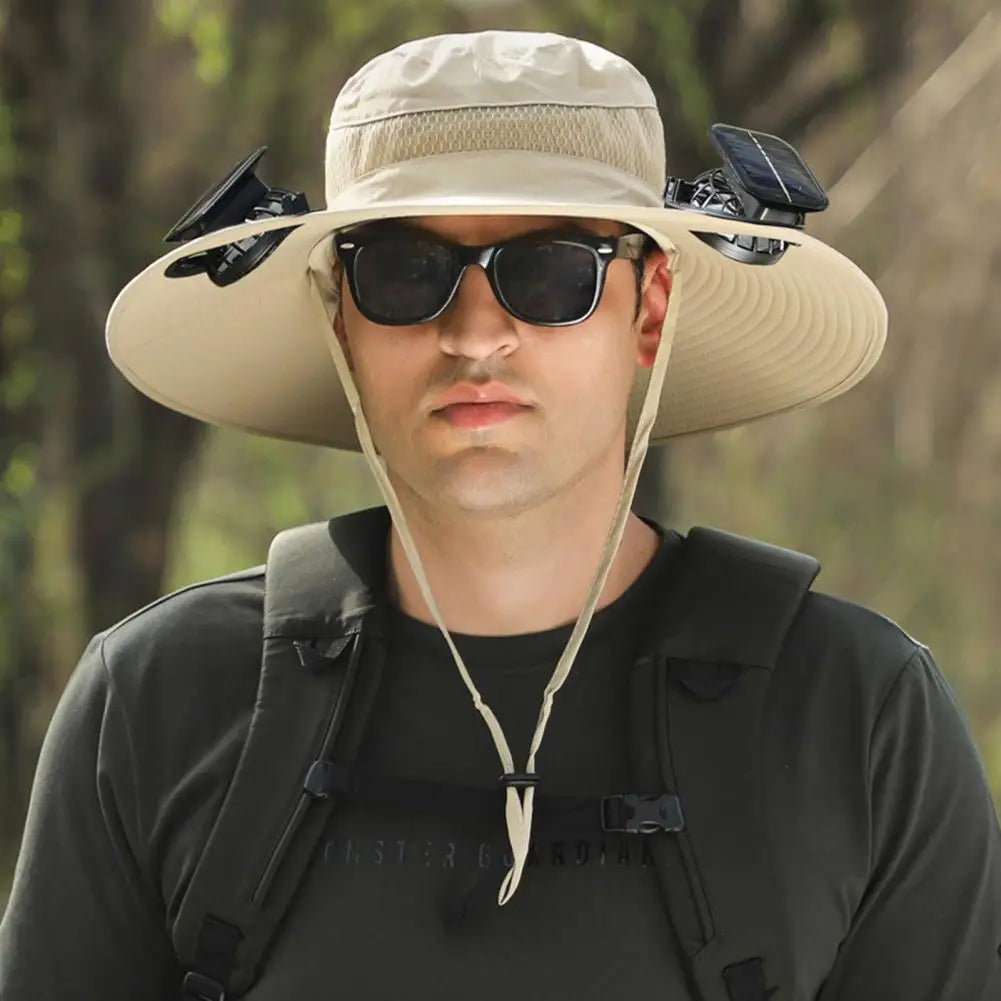 Solar Powered Cooling Hat Men Fisherman Hat Large Brim Windproof Strap USB Rechargeable Fan Hat Outdoor Fishing Camping Cap
