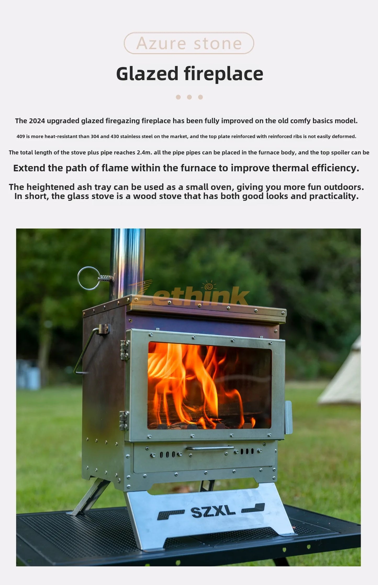 Camping Tent Stove Stainless Steel Smokeless Fireplace Secondary Burning Wood Stove Large Glass Window Firewood Heater