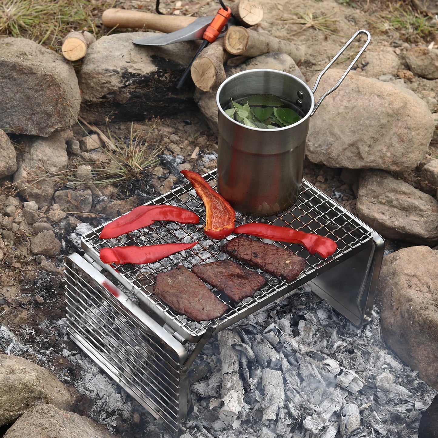 Folding Campfire Grill, Portable Camping Grill Grate, 304 Stainless Steel Camp Fire Cooking Racks for Compact Storage