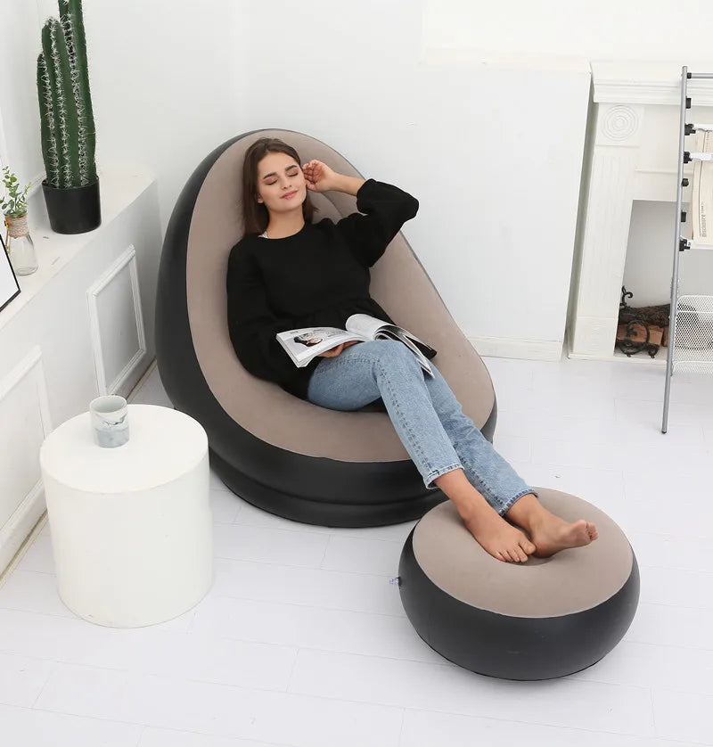 OTAUTAU Inflatable Lounger with Footstool Ottoman Chaise Lounge Recliner Outdoor Portable Camping Couch Garden Chair Pouf SF029