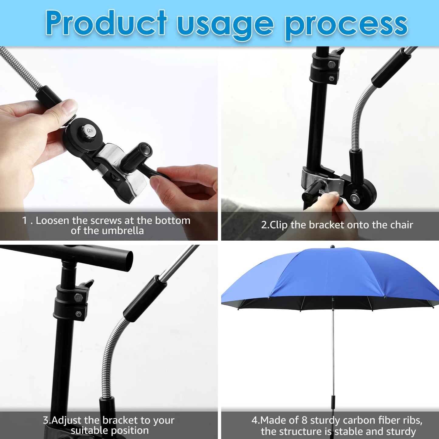Beach Umbrella Adjustable Shade Umbrella Outdoor with Large Opening Clip Portable Umbrella Beach Camping Chair Wheelchair