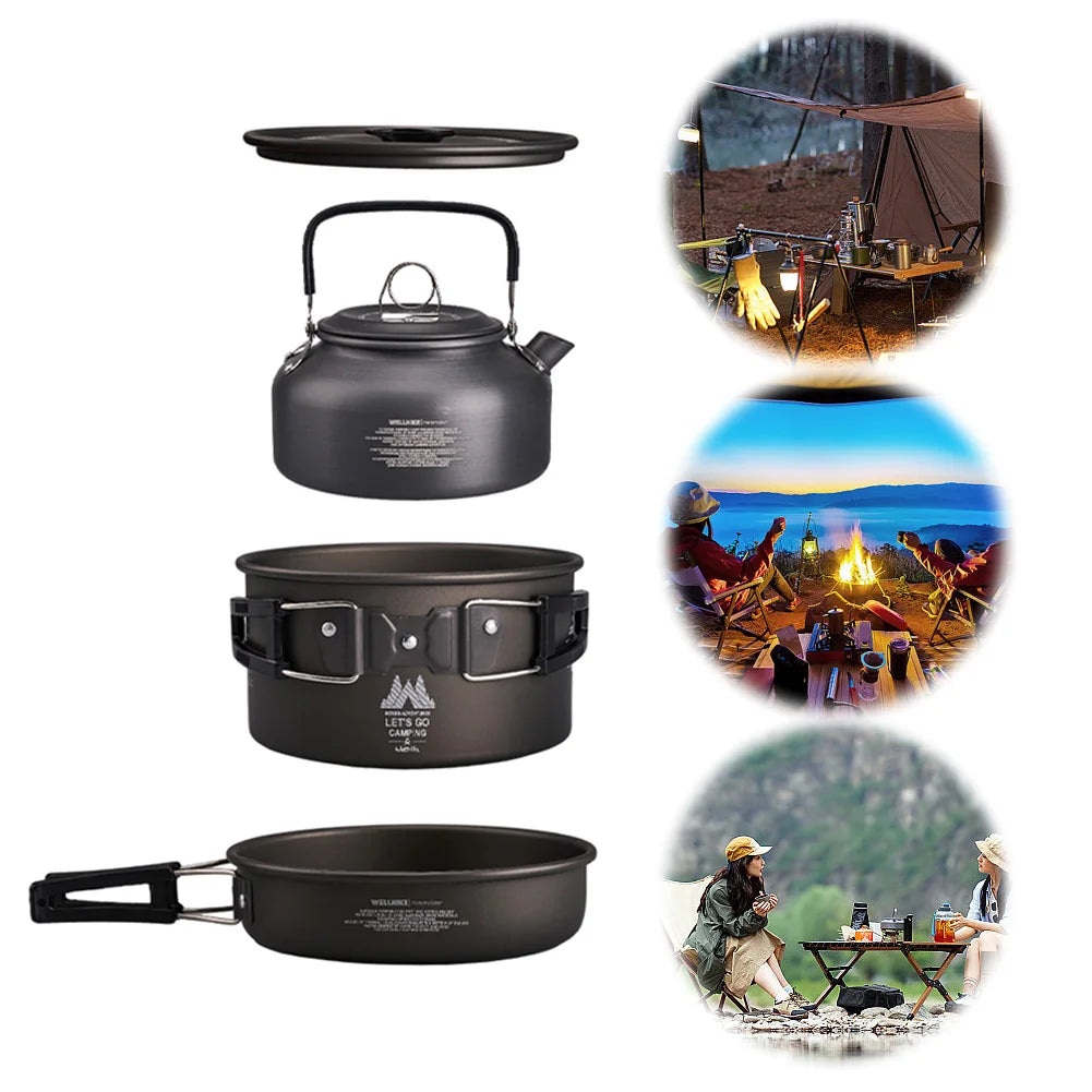 3Pcs/Set Camping Cookware Set with Water Kettle Portable Cookware Kit Tableware Pot Pan Set for Outdoor Fishing Camping