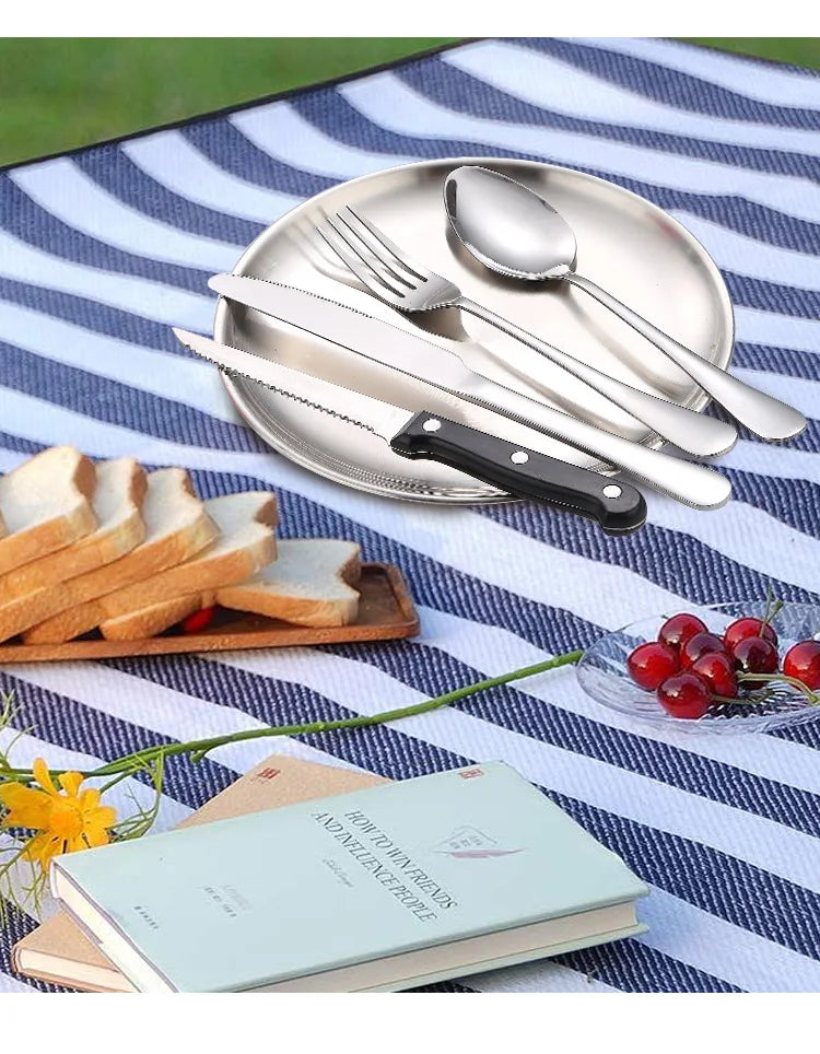 Stainless steel outdoor tableware set camping picnic knife fork spoon plate set outdoor portable meal