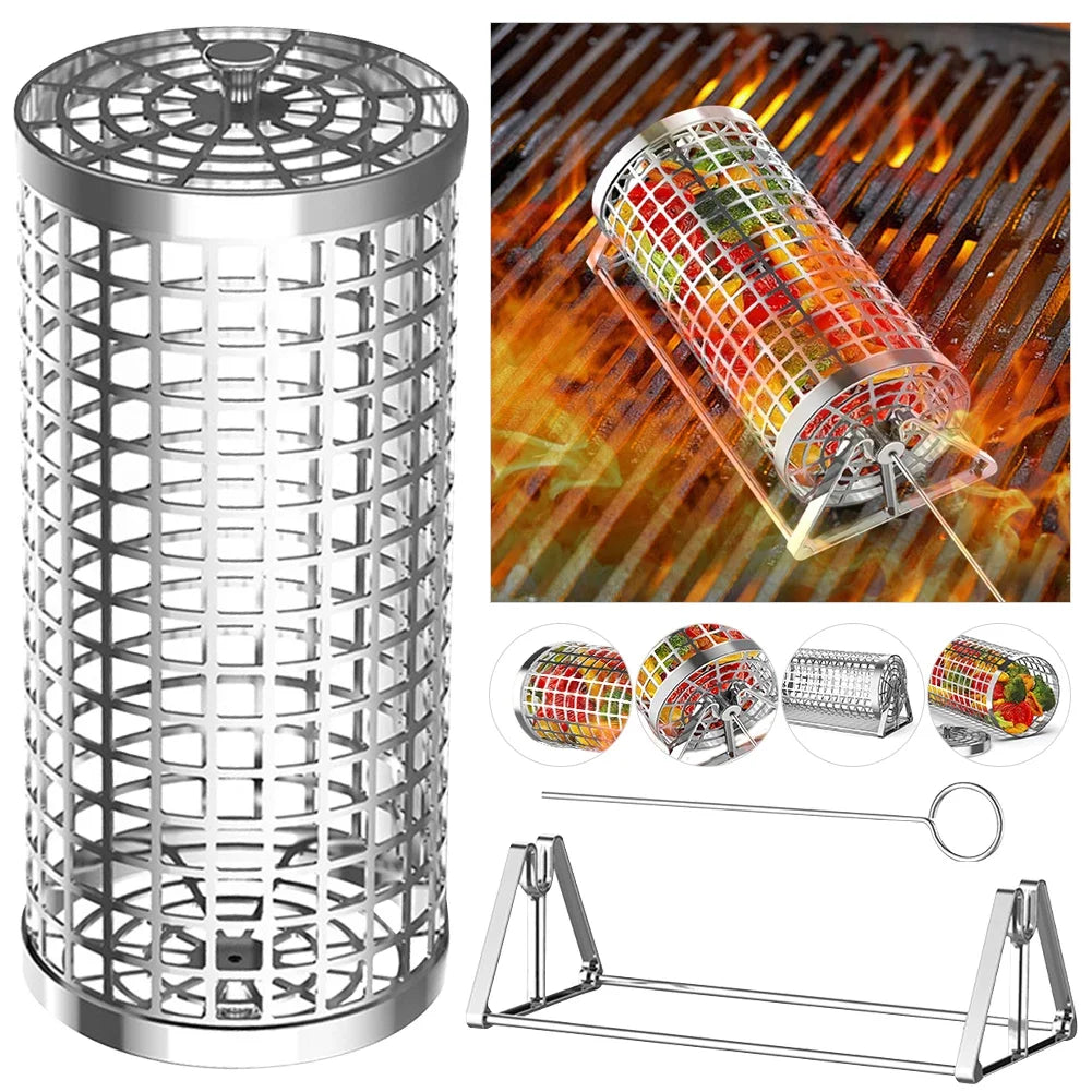 BBQ Basket Round Mesh Barbeque Rolling Grill Basket for Vegetables Fish Meat Outdoor Portable Grill Cage Kitchen Accessories
