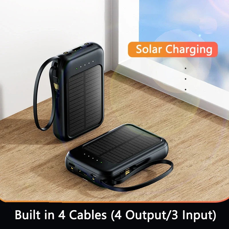 Solar Power Bank Built 4 Cables Portable Charger External Spare Battery Mini Powerbank with LED Light for IPhone Xiaomi Huawei