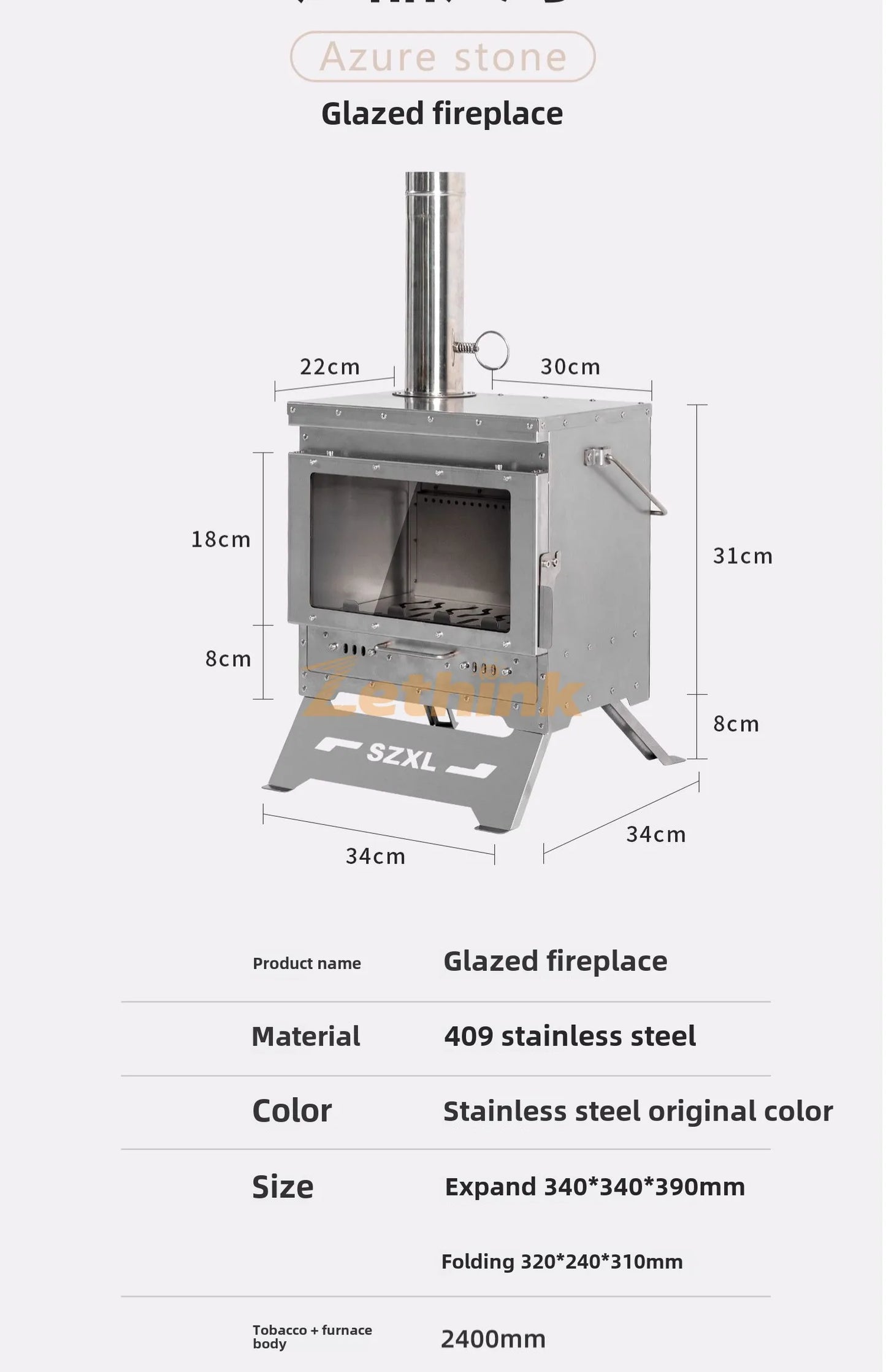 Camping Tent Stove Stainless Steel Smokeless Fireplace Secondary Burning Wood Stove Large Glass Window Firewood Heater