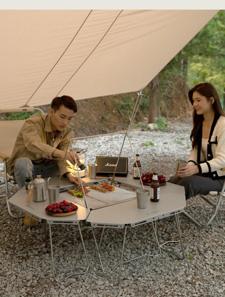 HOMFULOutdoor Stainless Steel Barbecue Campfire Table Camping Multifunctional Portable Foldable Splicing Combination Round Table