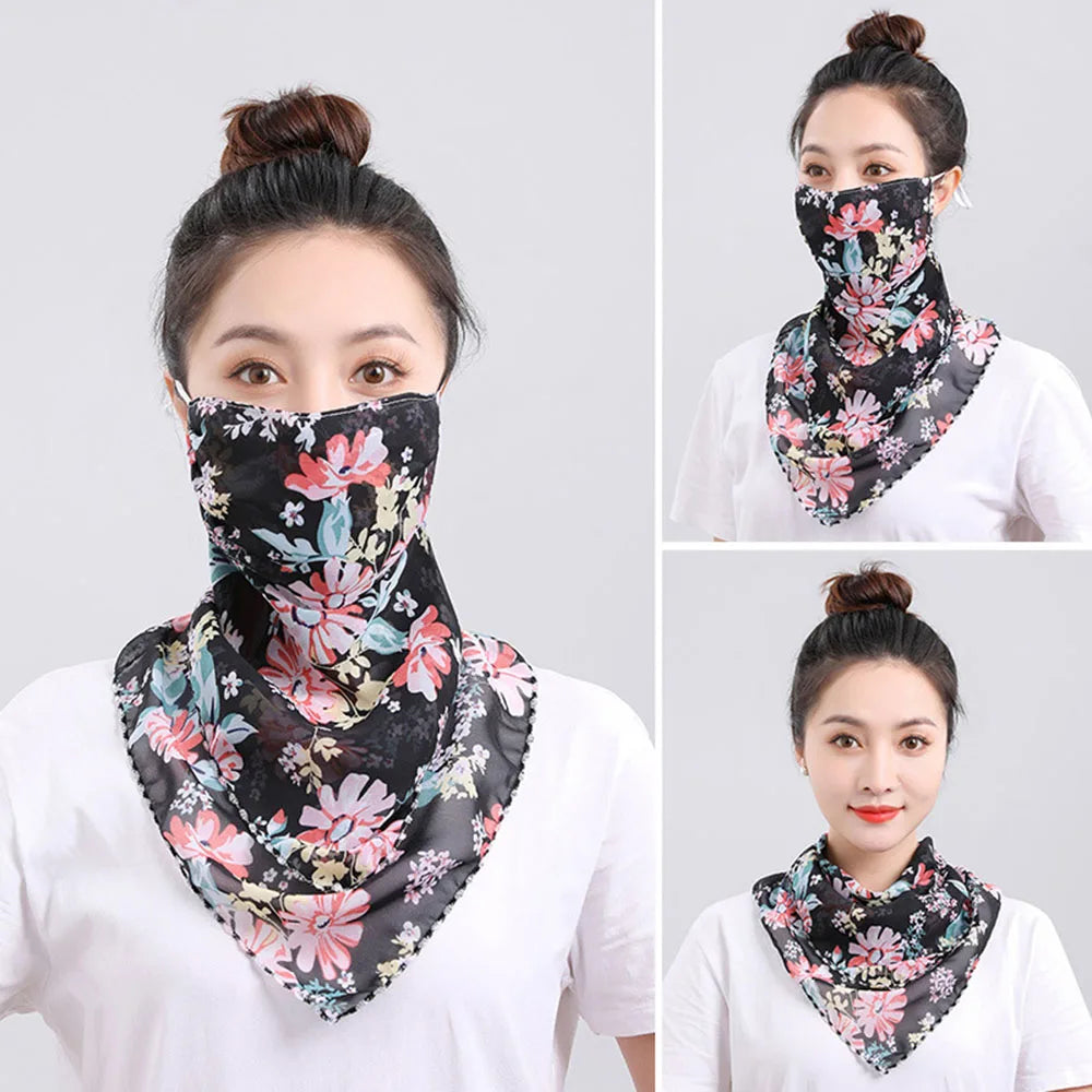 UV Protection Mask Flower Pattern Ear Hanging Sunscreen Mask UV Protection Neck Wrap Cover Bandana Scarf Women Sun Blocking Mask