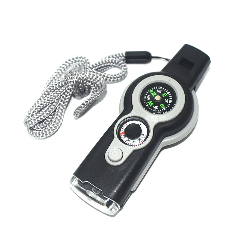 7 in 1 Outdoor Survival Emergency Tool Multifunctional Camping Hiking Whistle Compass Thermometer Magnifier Flashlight