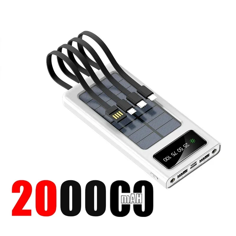 200000mah Solar Powered Power Bank With Light Large Capacity Ultra Fast Charging Digital Display Screen 4-Wire External Battery