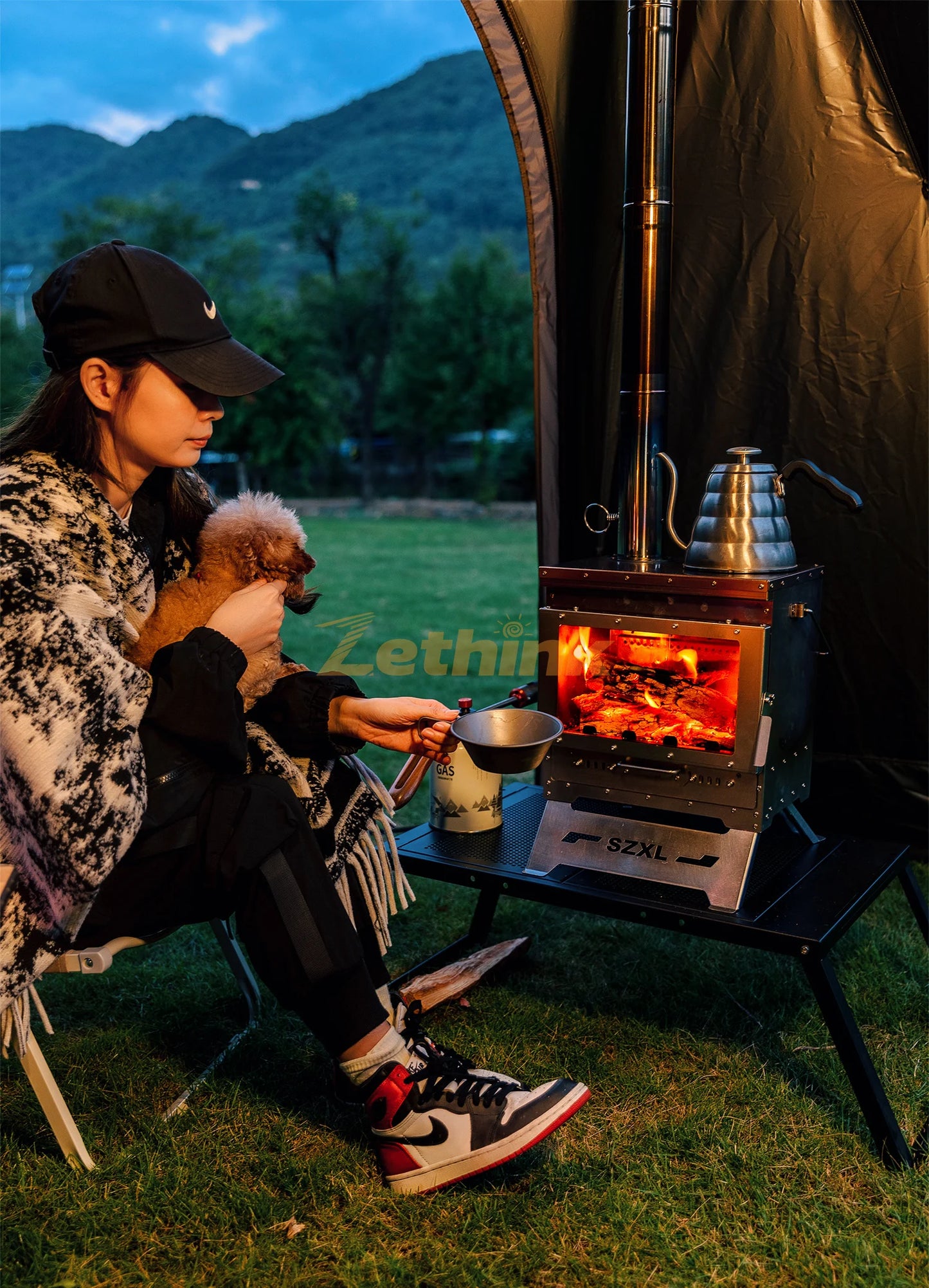 Camping Tent Stove Stainless Steel Smokeless Fireplace Secondary Burning Wood Stove Large Glass Window Firewood Heater