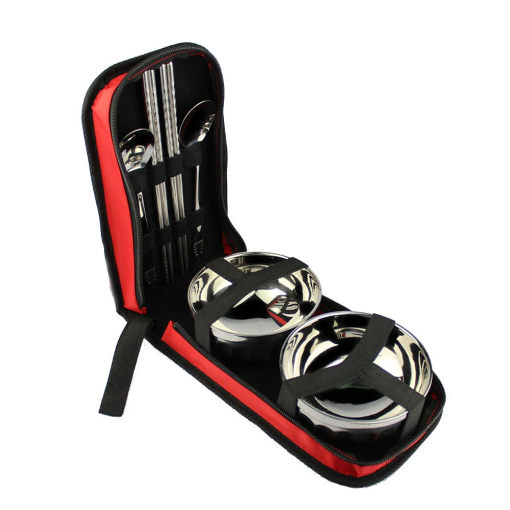 Camping Tableware Kit Bowl Spoon Chopsticks with Storage Bag Stainless Steel Folding Outdoor Hiking Picnic Travel Tableware Set