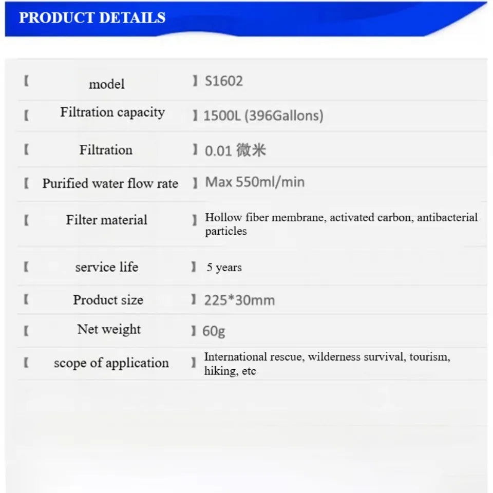 Outdoor camping emergency water filter, outdoor life emergency filtration, direct drinking, individual water purifier, steriliza
