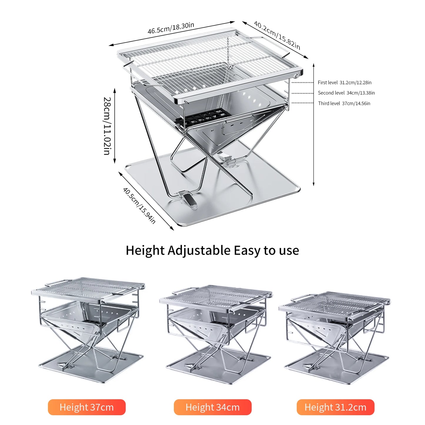 Height Adjust Camp Fire Grill Collapsible Wood Burning Barbecue Grill with Bag