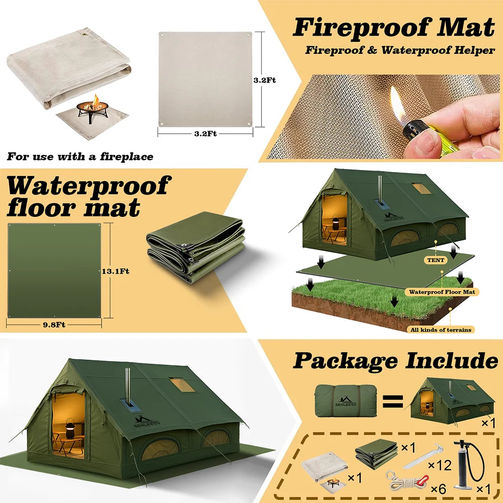 8-10 Person Green Inflatable Glamping Tent with Tarp,4 Season Outdoor Air Tent with Fireproof Mat for Camping