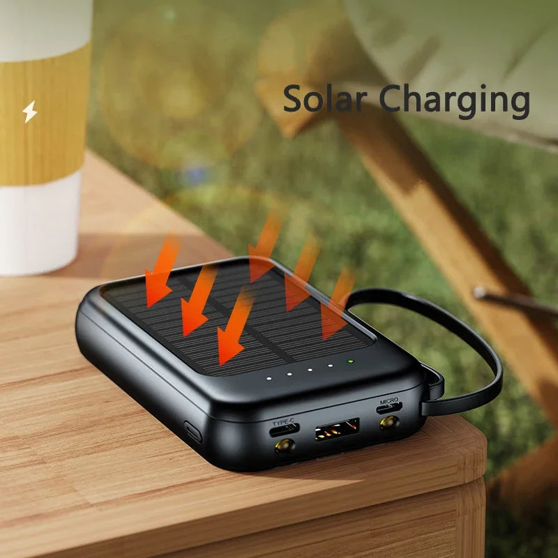 Solar Power Bank Built 4 Cables Portable Charger External Spare Battery Mini Powerbank with LED Light for IPhone Xiaomi Huawei