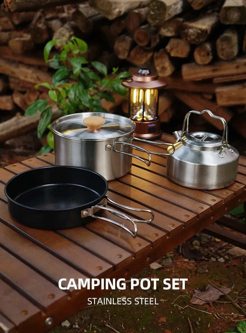 Camping Cookware Stainless Steel Set Outdoor Hiking Portable Picnic Tableware Kit Pot Frying Pan Kettle Set For Outdoor Cooking