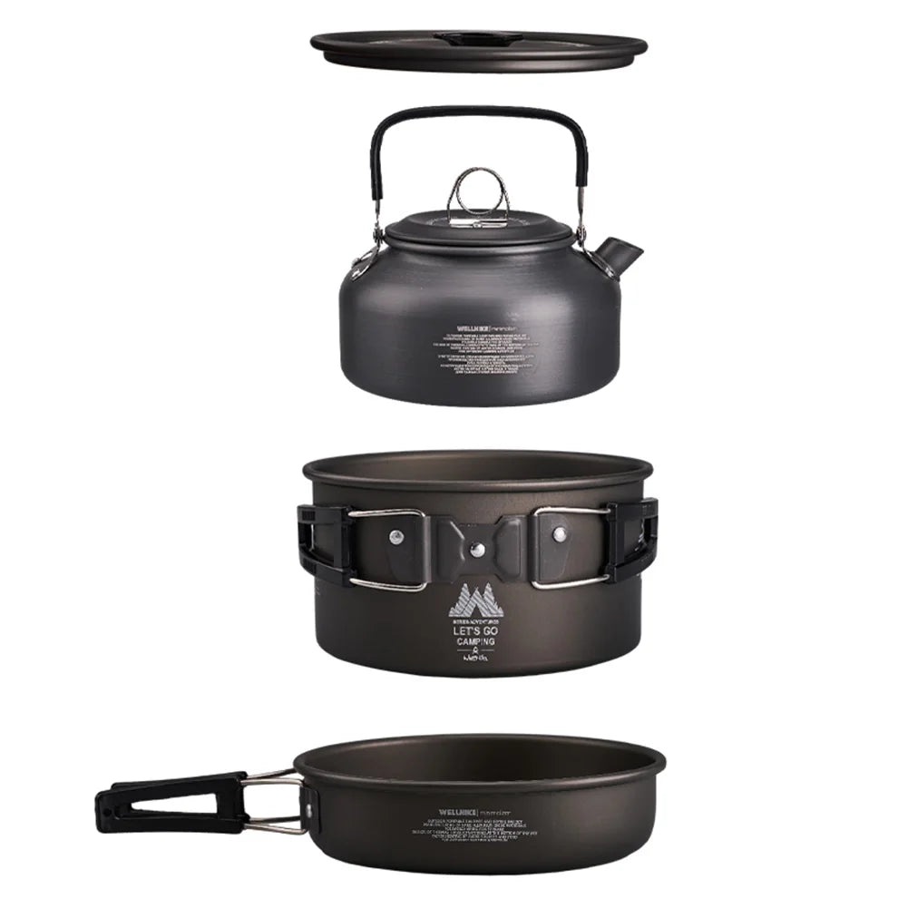 3Pcs/Set Camping Cookware Set with Water Kettle Portable Cookware Kit Tableware Pot Pan Set for Outdoor Fishing Camping