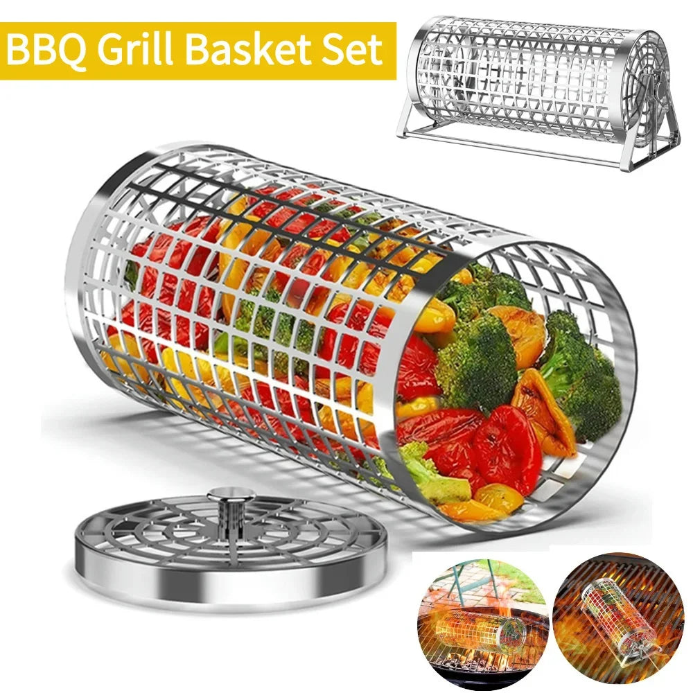 BBQ Basket Round Mesh Barbeque Rolling Grill Basket for Vegetables Fish Meat Outdoor Portable Grill Cage Kitchen Accessories