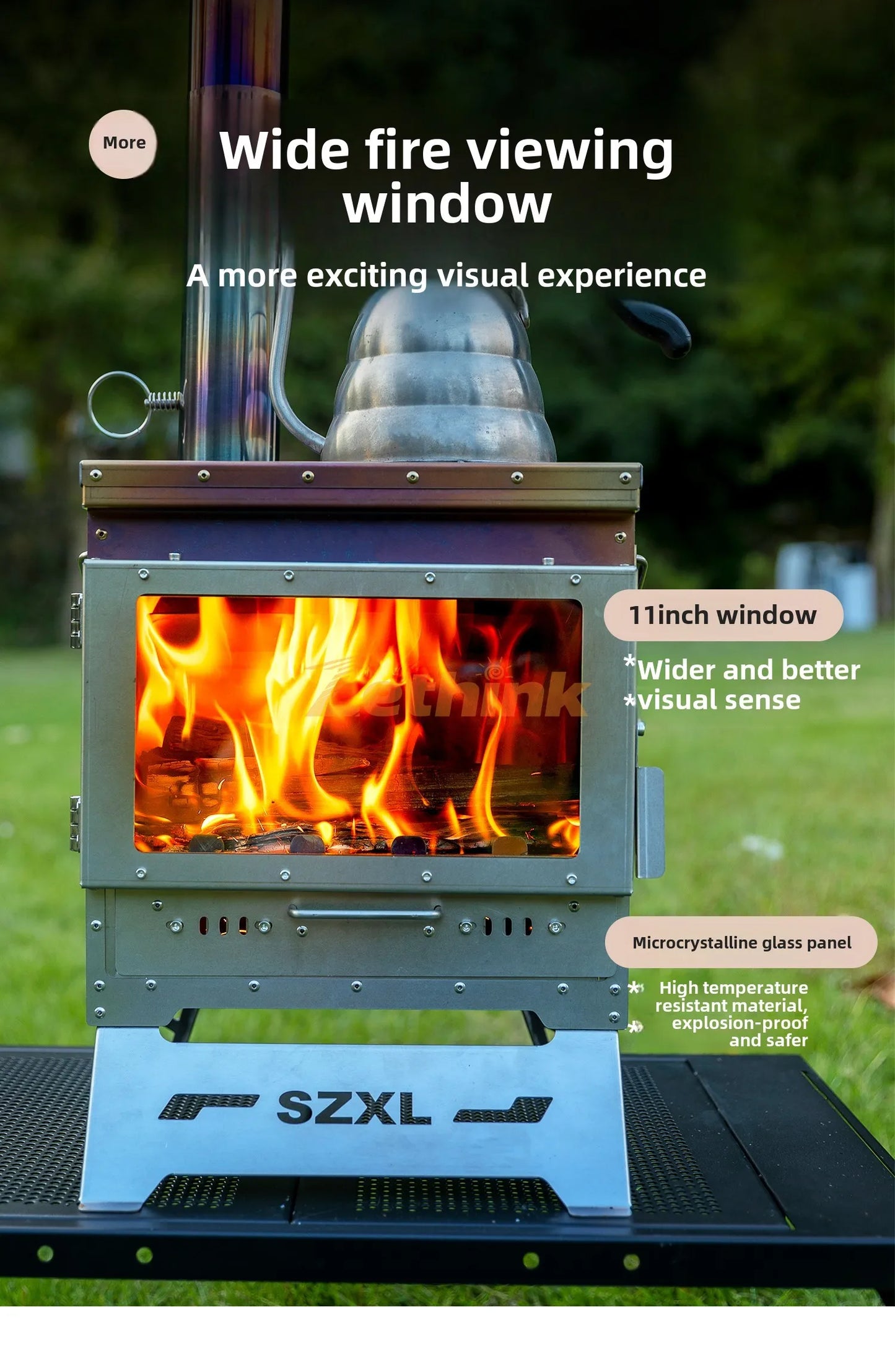 Camping Tent Stove Stainless Steel Smokeless Fireplace Secondary Burning Wood Stove Large Glass Window Firewood Heater